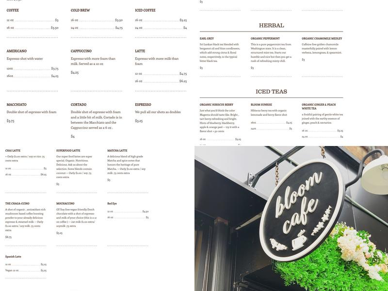 Bloom Cafe Menu