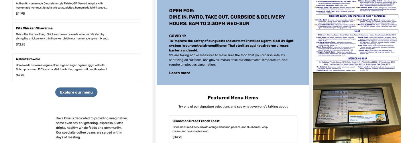 Java Dive Organic Cafe - Mediterranean Restaurant Menu