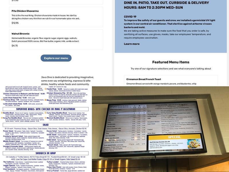 Java Dive Organic Cafe - Mediterranean Restaurant Menu