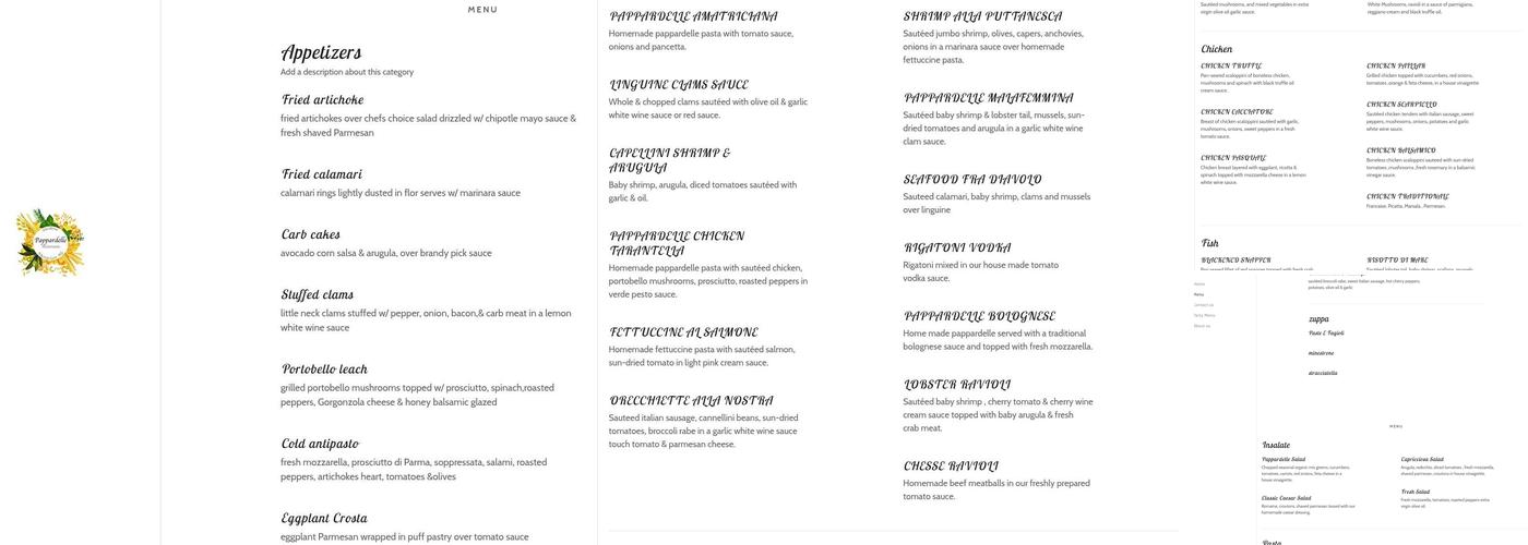 Pappardelle Ristorante Menu