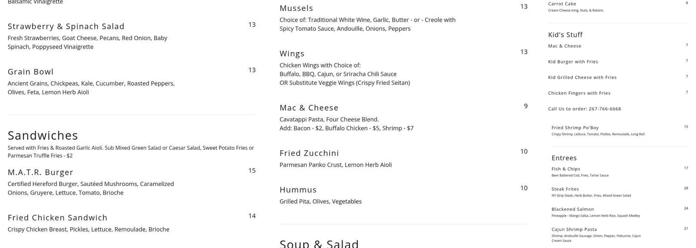 Mount Airy Tap Room Menu