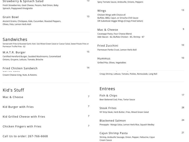 Mount Airy Tap Room Menu