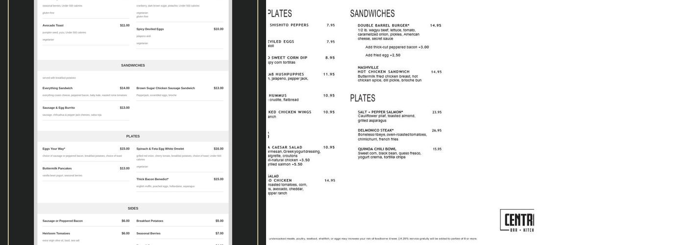 Central Bar + Kitchen Menu
