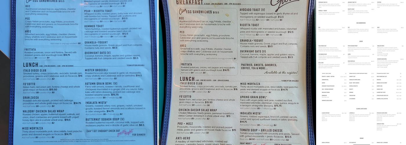 Ciao, Gloria Menu