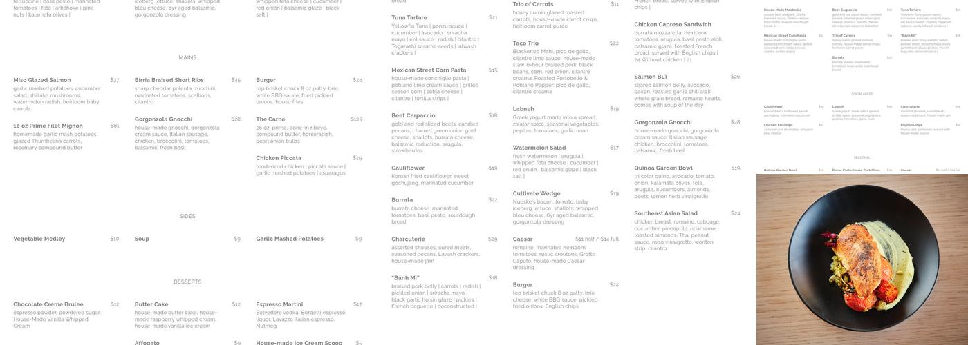 Cultivate Craft Kitchen Menu