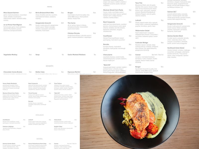 Cultivate Craft Kitchen Menu