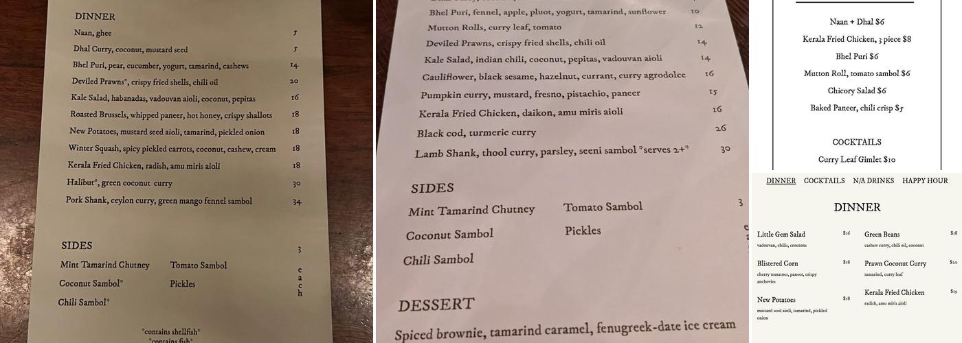 Rupee Bar Menu
