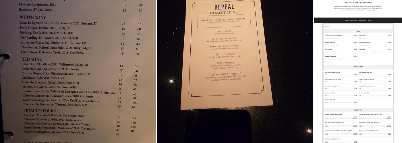 Repeal Oak Fired Steakhouse Menu
