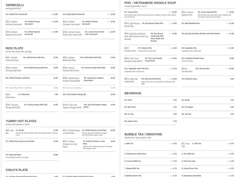 Yummy Pho & Grill Menu
