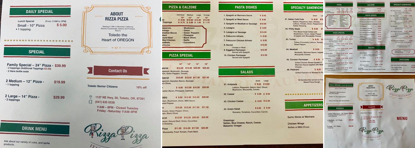 Rizza Pizza Menu