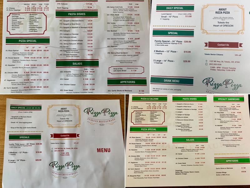 Rizza Pizza Menu