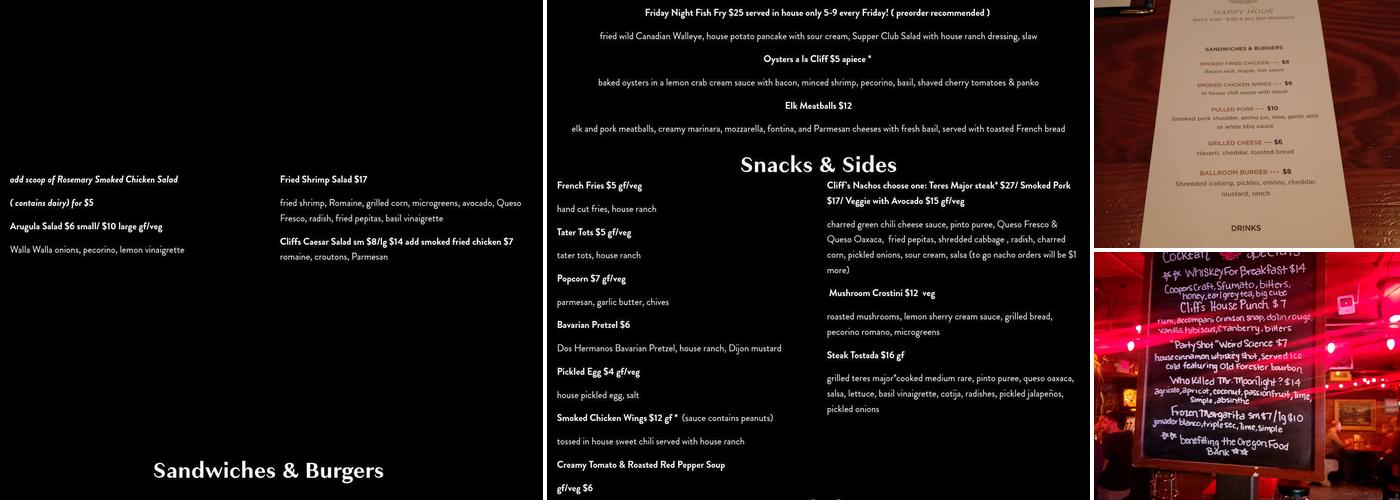 Cliffs PDX Menu