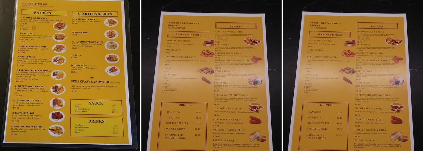 Parseh Restaurant & Bakery Menu