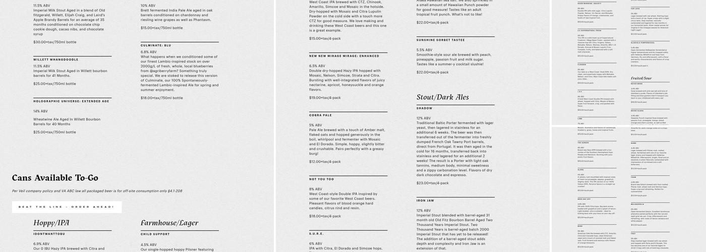 The Veil Brewing Co. Menu