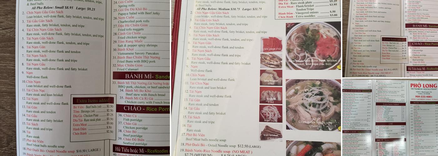 Pho Long Menu