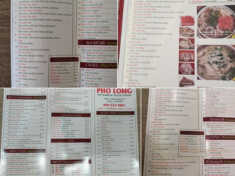 Pho Long Menu