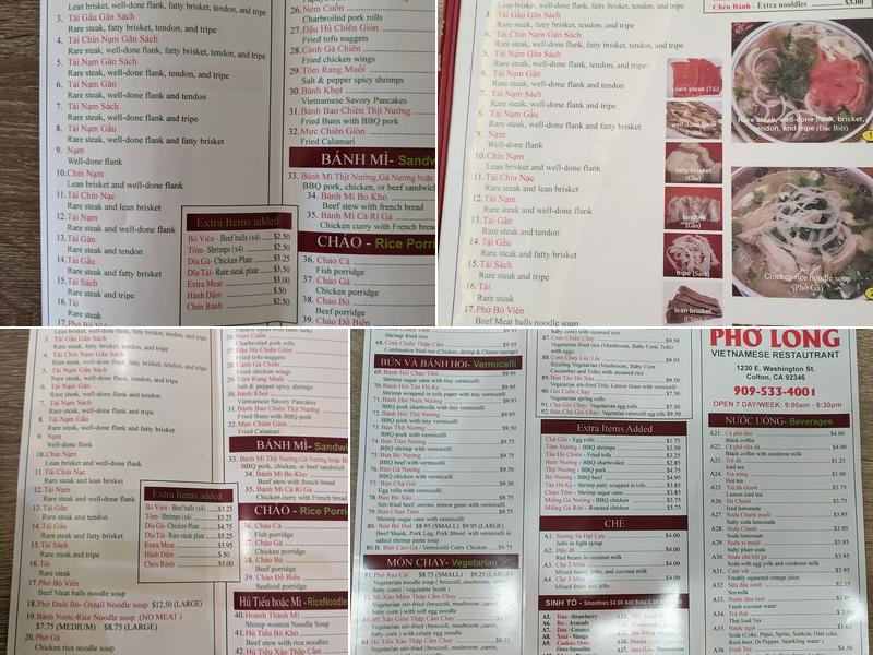 Pho Long Menu