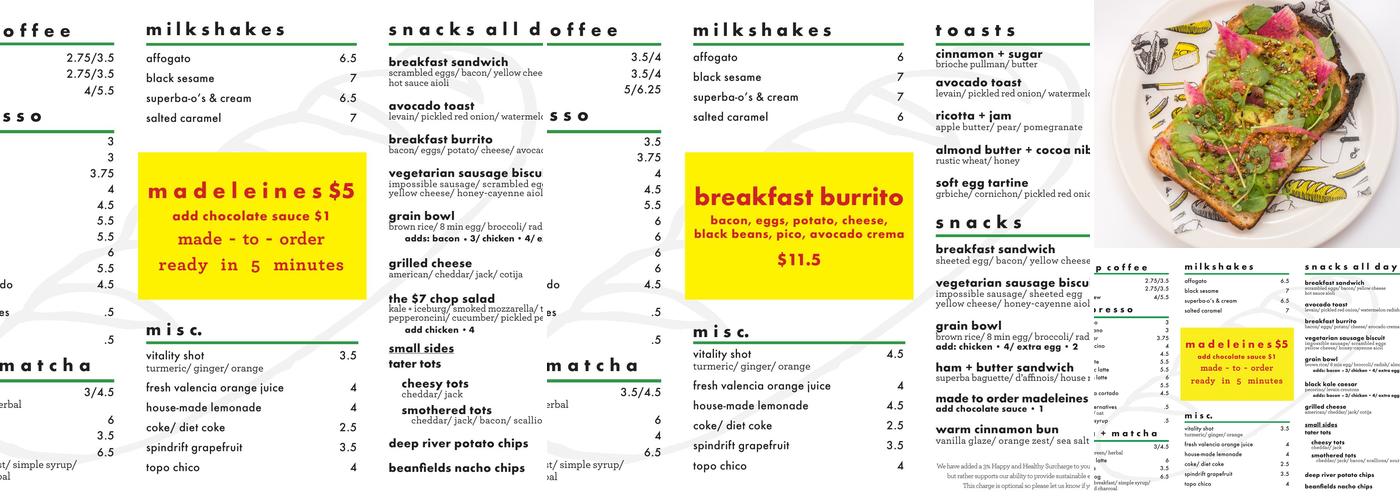 Superba Snacks + Coffee Menu