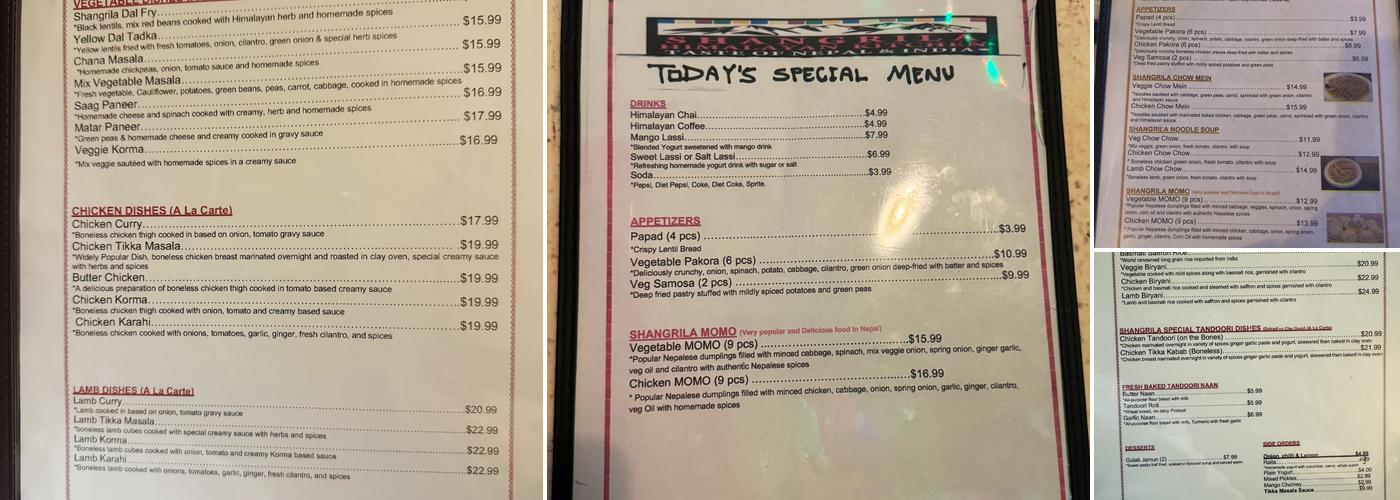 SHANGRILA HIMALAYAN KITCHEN Menu