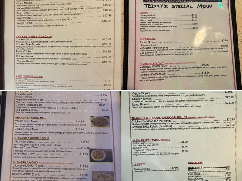 SHANGRILA HIMALAYAN KITCHEN Menu