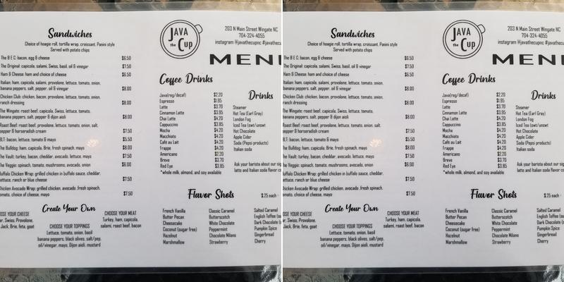 Java the Cup Menu