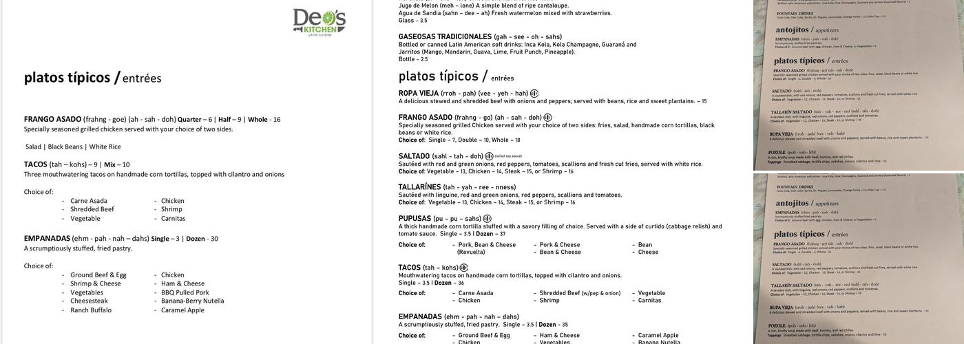 Deo's Kitchen Menu