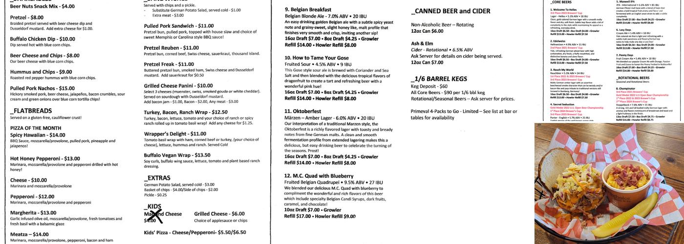 Primeval Brewing Menu