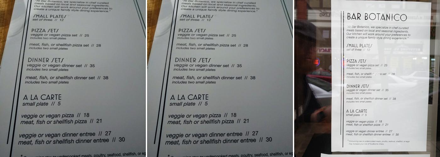 Bar Botanico Menu