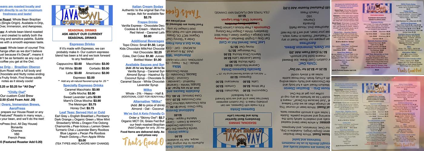 Java Owl Coffee House Menu