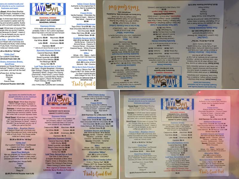 Java Owl Coffee House Menu