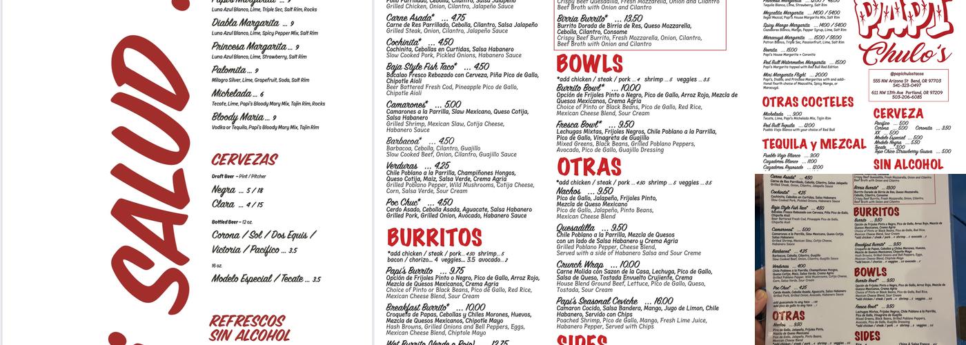 Papi Chulo's Menu