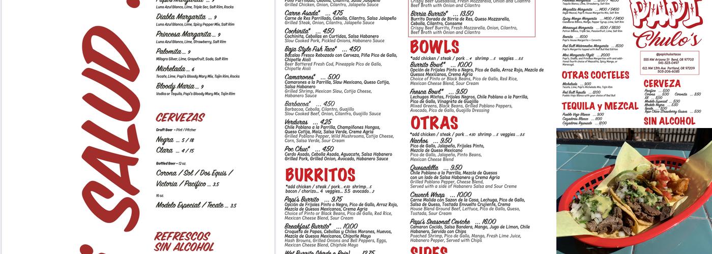 Papi Chulo's Menu
