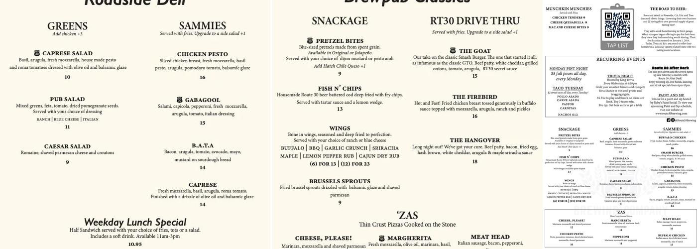 Route 30 Brewing Downtown Menu