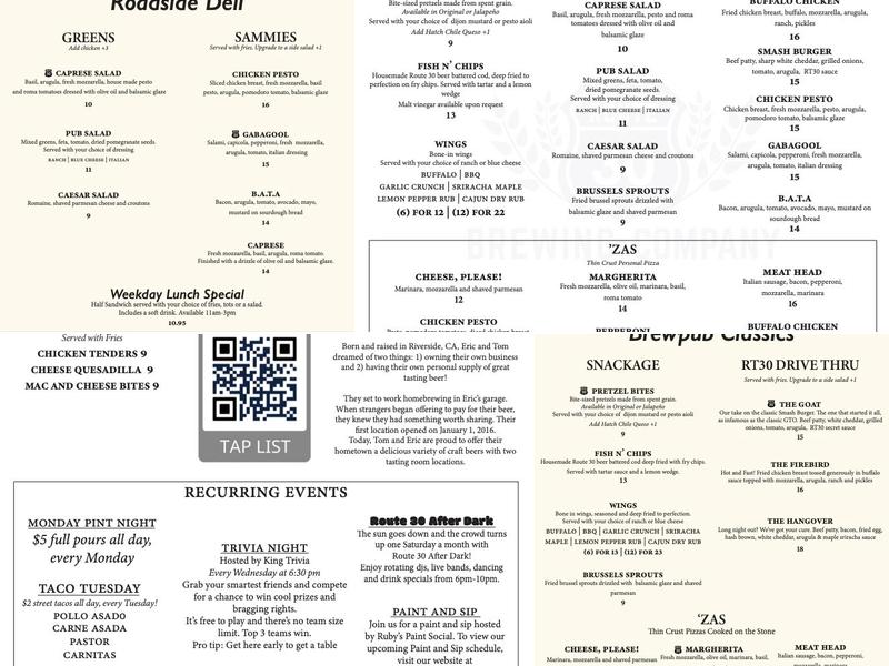 Route 30 Brewing Downtown Menu