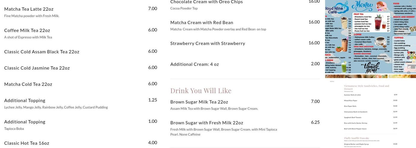 Cloud Nine Cafe Menu