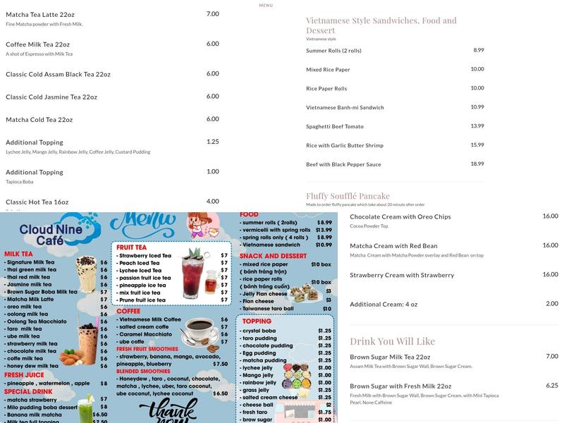 Cloud Nine Cafe Menu
