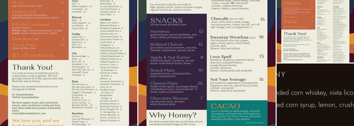 Honey Elixir Bar Menu