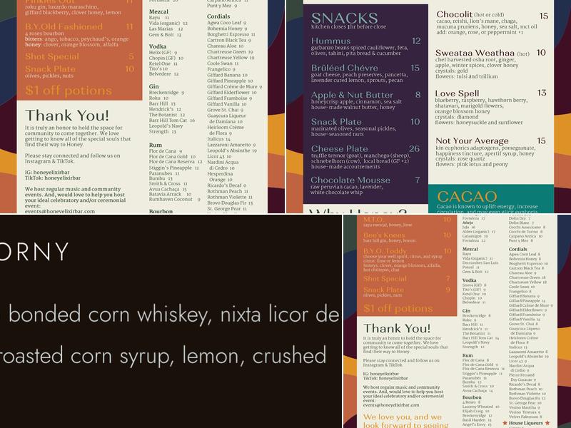 Honey Elixir Bar Menu
