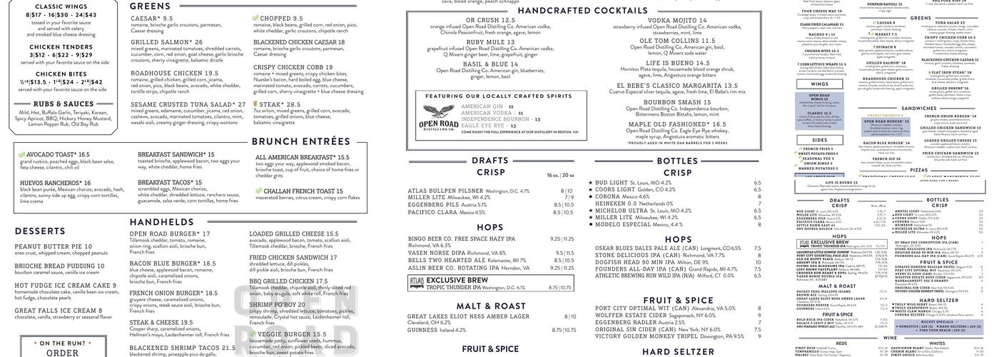 Open Road Rosslyn Menu