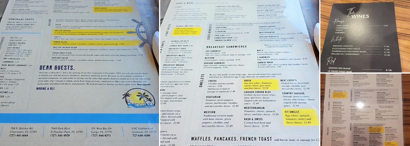 Benedict's Restaurant Menu