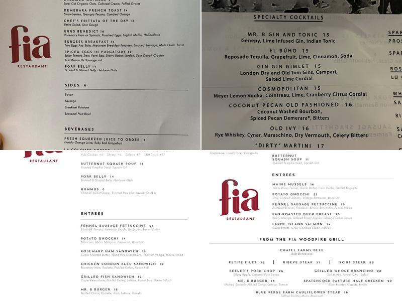 Fia Restaurant Menu