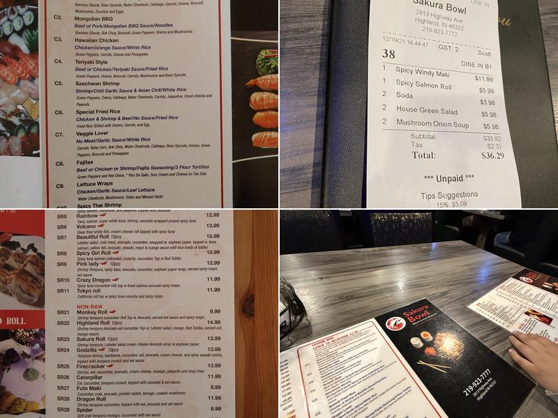 Sakura Bowl Restaurant Menu