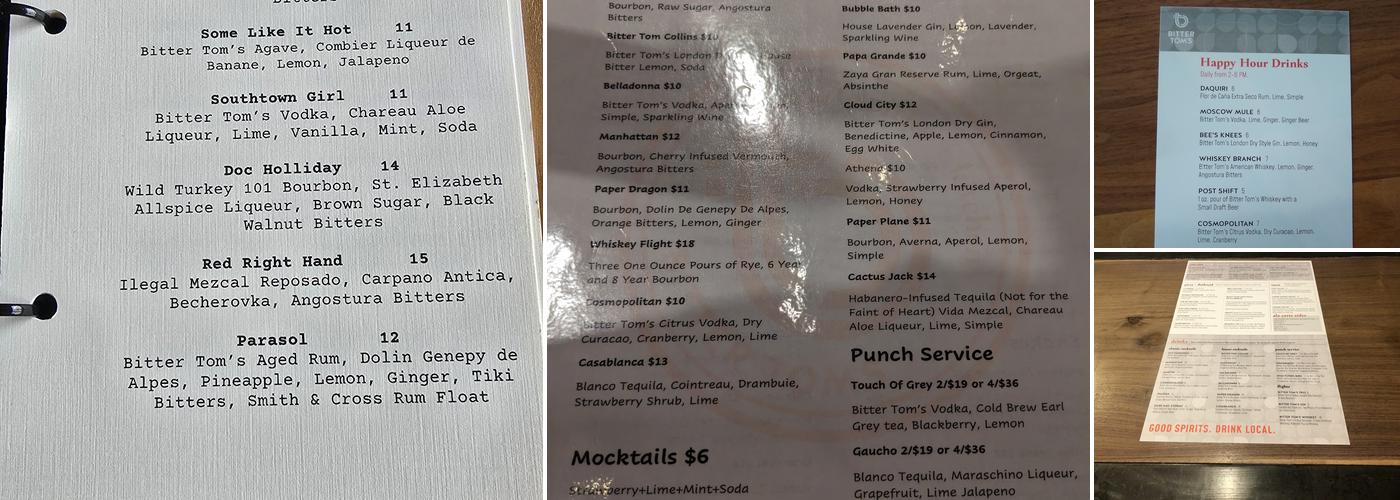 Bitter Tom's Distillery Menu