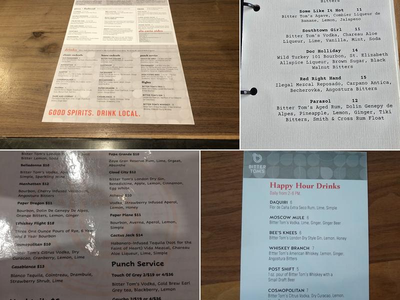 Bitter Tom's Distillery Menu