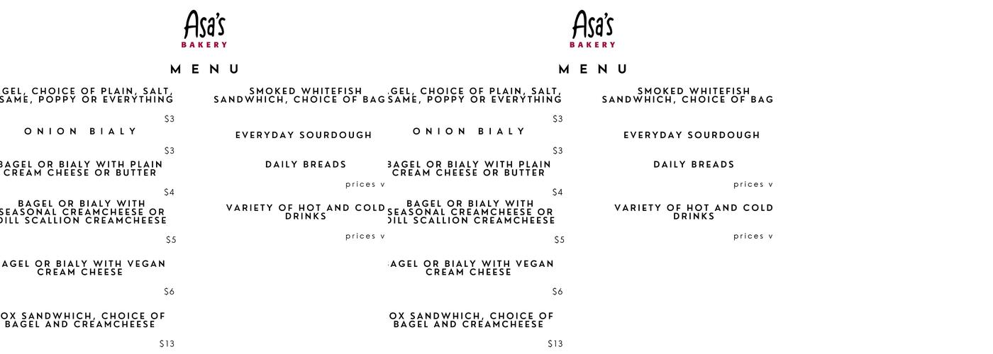 Asa's Bakery Menu