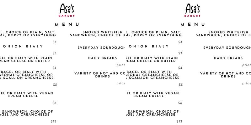 Asa's Bakery Menu