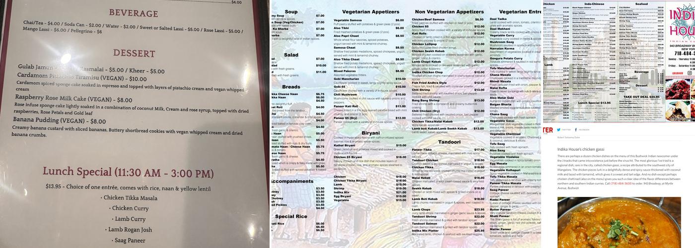 Indika House Menu