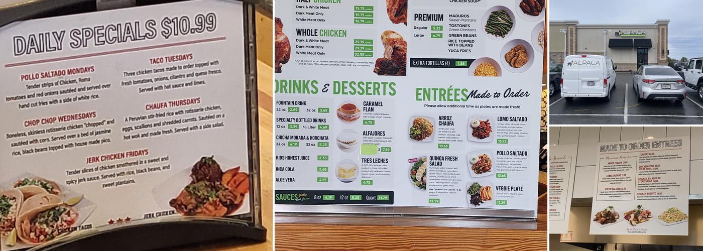 Alpaca Peruvian Charcoal Chicken Menu