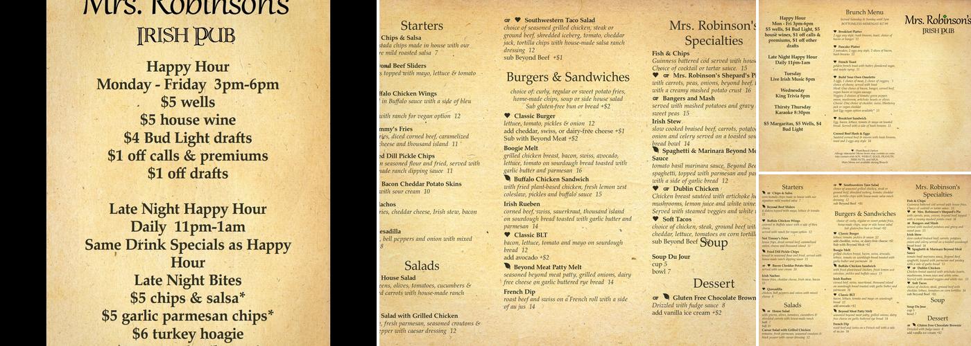 Mrs Robinson's Irish Pub Menu