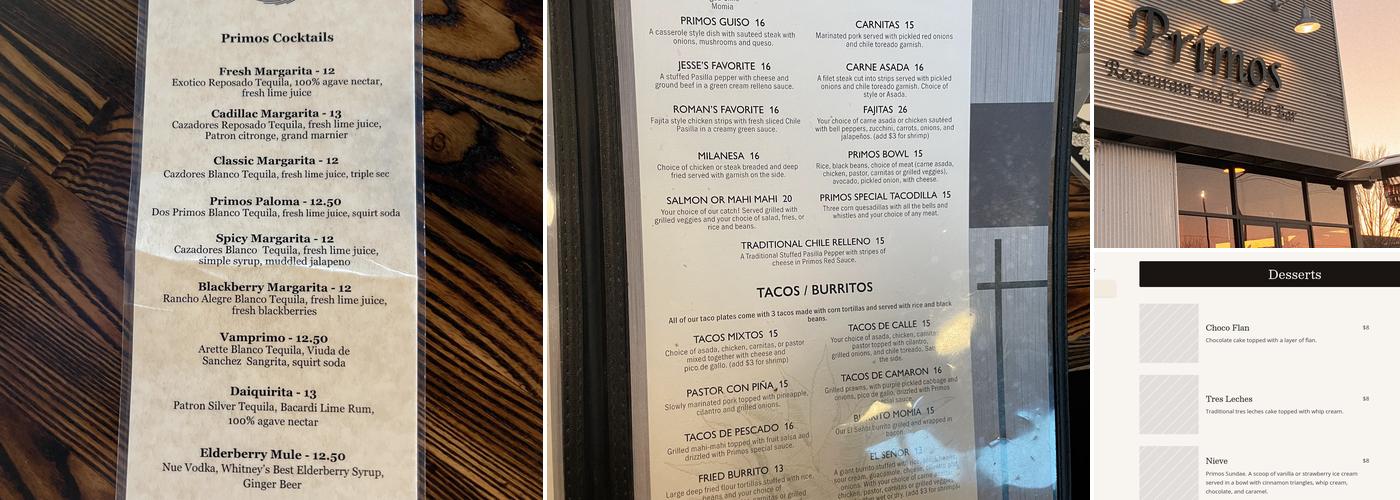 Primos Restaurant and Tequila Bar Menu
